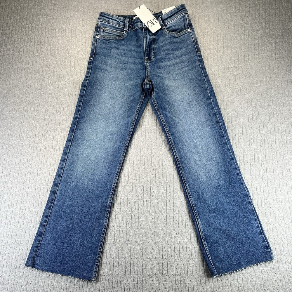 Zara Bootcut Mini Flare Jeans Women 4 Blue High Rise Raw Hem Denim Medium Wash